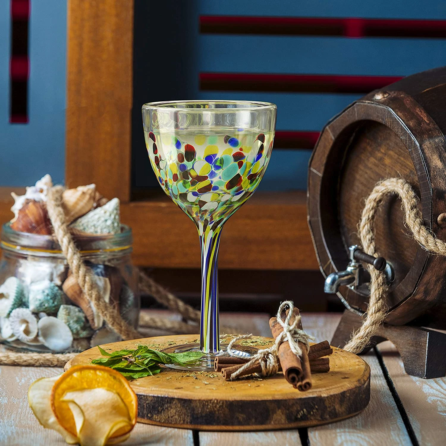 The Wine Savant Recycled Glass Wine Glasses - Mexican Wine Glasses Set Of 6, Mexican Luxury Hand Blown Wine And Water Glasses (8 Ounces Each) Cobalt Cinco De Mayo Glasses - Confetti Wine Glasses 2 The Wine Savant Recycled Glass Wine Glasses - Mexican Wine Glasses Set Of 6, Mexican Luxury Hand Blown Wine And Water Glasses (8 Ounces Each) Cobalt Cinco De Mayo Glasses - Confetti Wine Glasses - Image 2