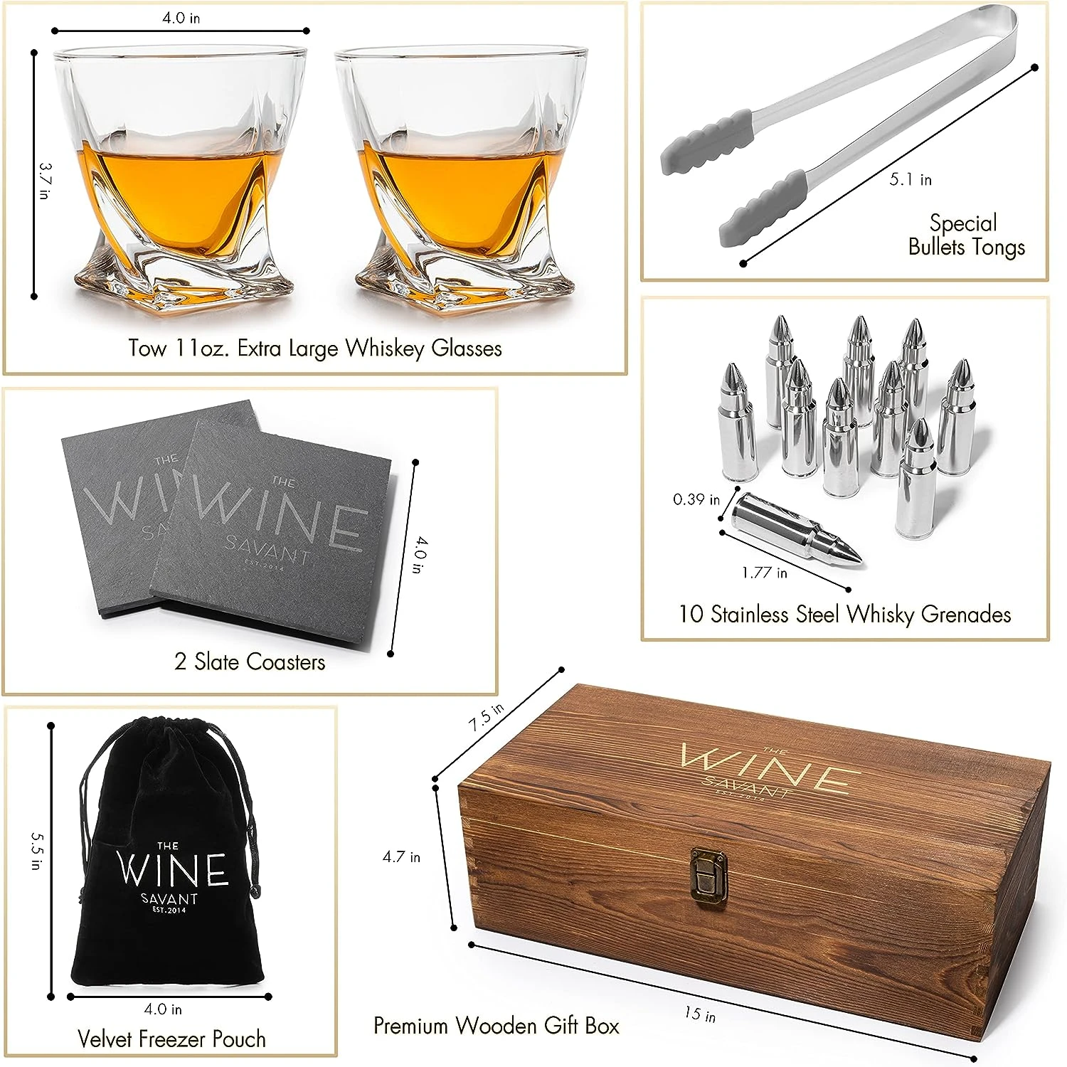 Luxurious Bar Gift Set - 2 Whiskey Glasses + 10 Bullets Chilling Stainless-Steel Whiskey Rocks - Slate Stone Coasters & Tongs - Set In Premium Wood Box By The Wine Savant - Birthday Gift - 11 Oz Glass 6 Luxurious Bar Gift Set - 2 Whiskey Glasses + 10 Bullets Chilling Stainless-Steel Whiskey Rocks - Slate Stone Coasters & Tongs - Set In Premium Wood Box By The Wine Savant - Birthday Gift - 11 Oz Glass - Image 6