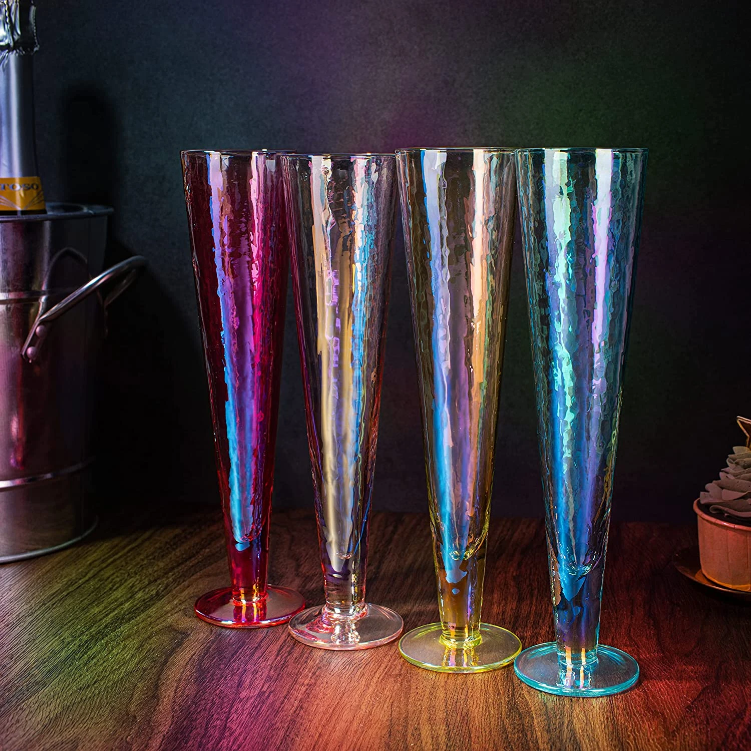 Champagne Flutes, Iridescent Crystal Glass, Holiday Iridescent Champagne Flutes - Set Of 4 - 10" Stemmed Champagne Flute Romantic Toasting Colored Glasses, Mimosa Glassware, Weddings - 8 Oz Capacity 2 Champagne Flutes, Iridescent Crystal Glass, Holiday Iridescent Champagne Flutes - Set Of 4 - 10" Stemmed Champagne Flute Romantic Toasting Colored Glasses, Mimosa Glassware, Weddings - 8 Oz Capacity - Image 2