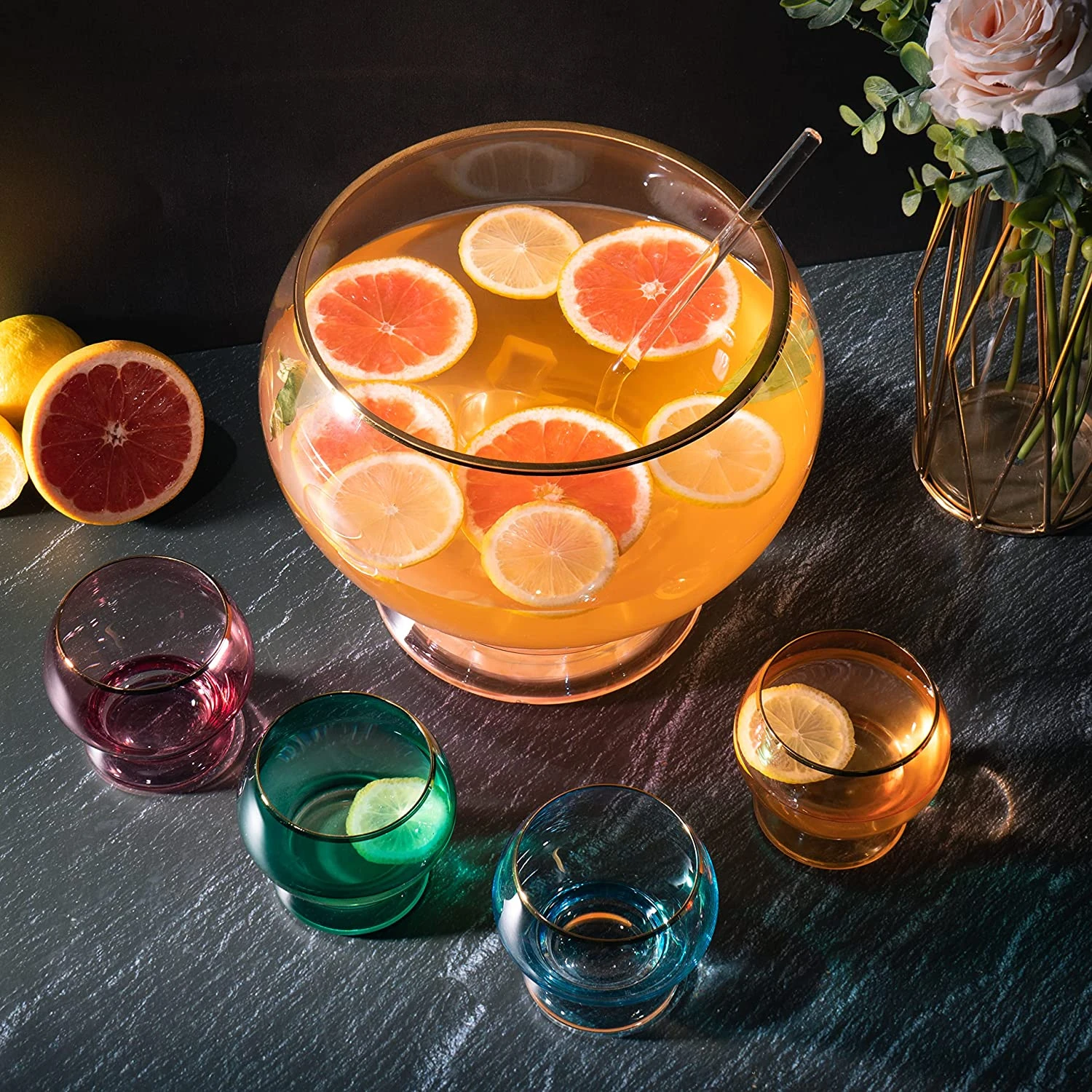 Colorful 1.7 Gallon Punch Bowl With 4 10oz Glasses Set With Ladle Gift For Mothers Day, Her, Wife, Mom, Friend - Colored Set Margarita, Cocktails, Juice, Punch Drink Bowl For Parties, Weddings 2 Colorful 1.7 Gallon Punch Bowl With 4 10oz Glasses Set With Ladle Gift For Mothers Day, Her, Wife, Mom, Friend - Colored Set Margarita, Cocktails, Juice, Punch Drink Bowl For Parties, Weddings - Image 2