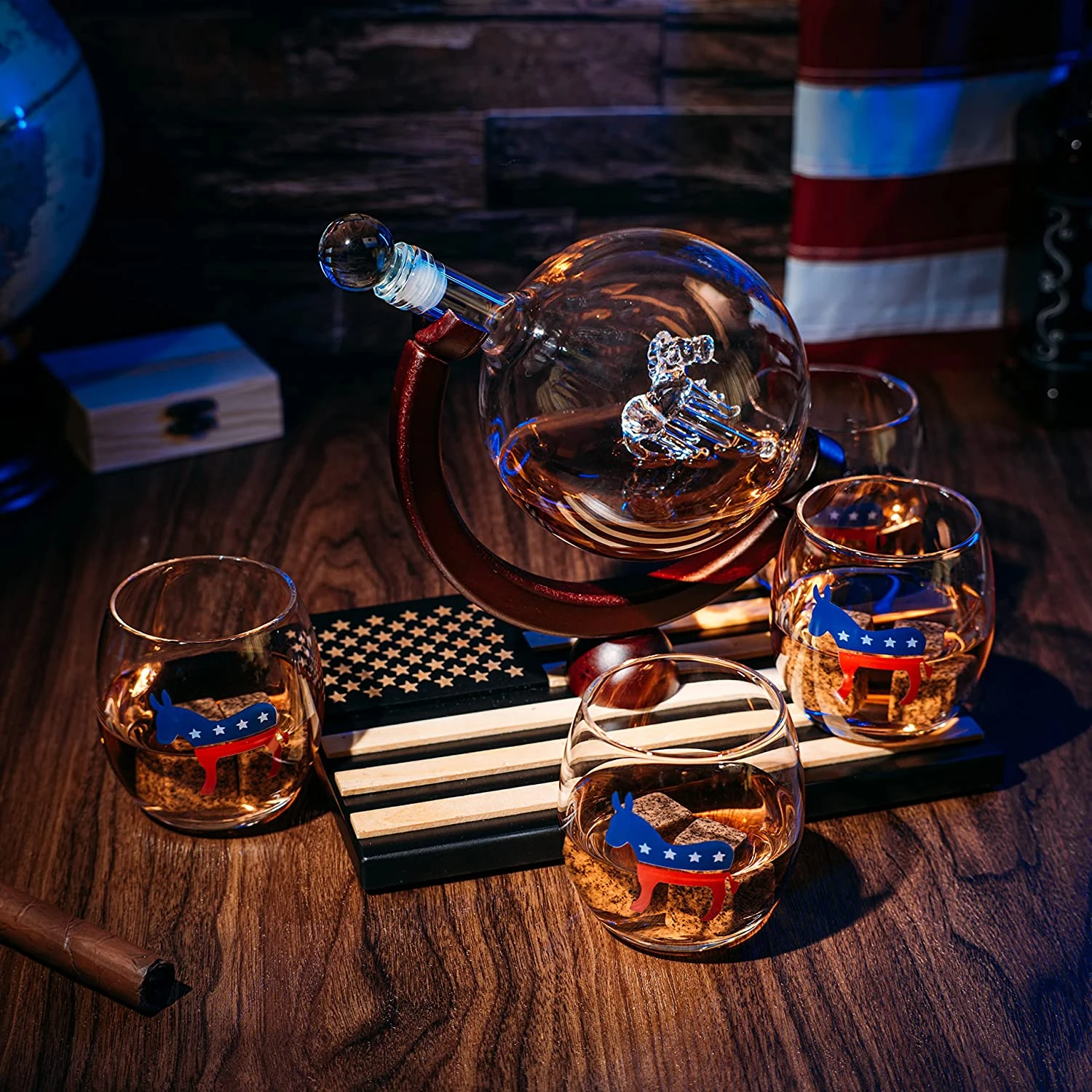 Democratic Party Wine & Whiskey Decanter Set, Proud Democrat Vote Blue Election Decor, Washington DC Politics Gift, 750ml With US Flag And 4 Glasses - Donkey Logo, DNC Gifts, Senate, House & President 2 Democratic Party Wine & Whiskey Decanter Set, Proud Democrat Vote Blue Election Decor, Washington DC Politics Gift, 750ml With US Flag And 4 Glasses - Donkey Logo, DNC Gifts, Senate, House & President - Image 2