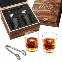 Luxurious Bar Gift Set - Golf Whiskey Glasses - Golf Ball Chillers - Tongs - Set In Premium Wood Box By The Wine Savant - Unique Whiskey Glass Set - Golf Gifts, Golfer Gifts, Gifts For Golf Lovers