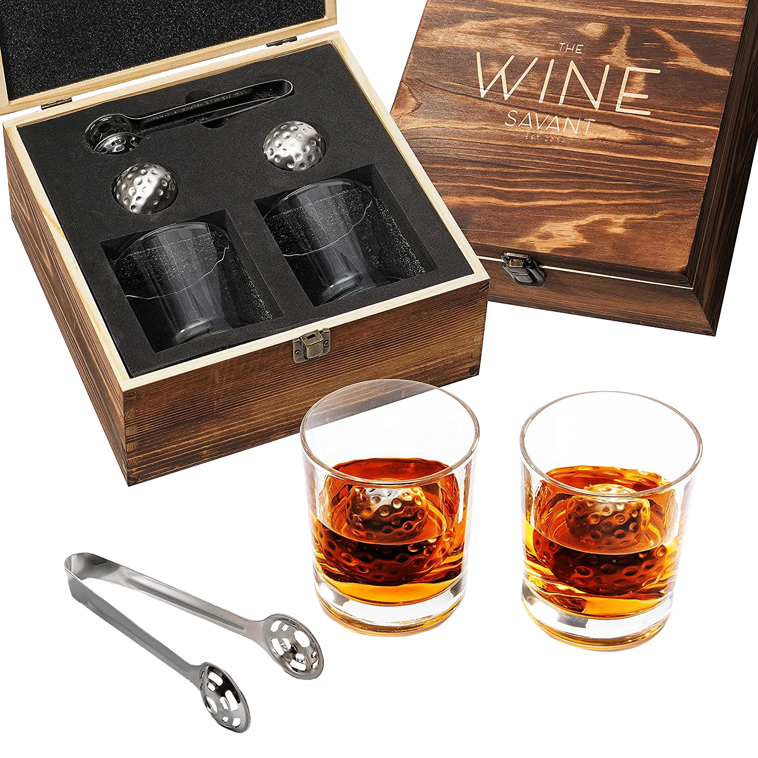 Luxurious Bar Gift Set - Golf Whiskey Glasses - Golf Ball Chillers - Tongs - Set In Premium Wood Box By The Wine Savant - Unique Whiskey Glass Set - Golf Gifts, Golfer Gifts, Gifts For Golf Lovers 1 Luxurious Bar Gift Set - Golf Whiskey Glasses - Golf Ball Chillers - Tongs - Set In Premium Wood Box By The Wine Savant - Unique Whiskey Glass Set - Golf Gifts, Golfer Gifts, Gifts For Golf Lovers