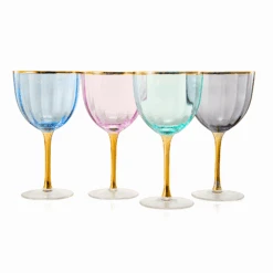 Art Deco Colored Crystal Wine Glass Set Of 4, Large 18oz Stemmed Glasses Vibrant Vintage Glasses For White & Red, Water, Margarita Glasses, Gift Idea, Color Glassware - Gilded Rim And Gold Stem -Refined Spirits Store AQWsew