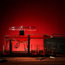 Whiskey Decanter Set - AR Limited Edition, Wooden Silencer Stopper - 800 Ml & 4 12oz Bullet Glasses - Unique Gift - Drinking Party Accessory, Gun Liquor Decanter, Tik Tok Gun Decanter Mens Birthday 9 Whiskey Decanter Set - AR Limited Edition, Wooden Silencer Stopper - 800 Ml & 4 12oz Bullet Glasses - Unique Gift - Drinking Party Accessory, Gun Liquor Decanter, Tik Tok Gun Decanter Mens Birthday -Refined Spirits Store AR15 with wooden scope with four bullet glasses and stand2 1