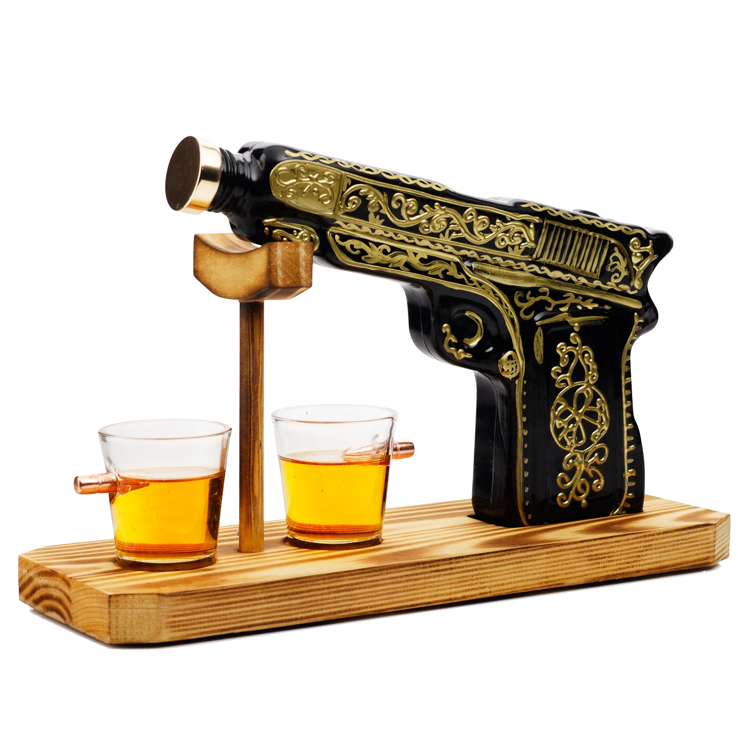 (UAE ONLY) Glass Hand Painted Pistol Whiskey Gun Decanter & Pistol Shot Glasses Set, With 2 Bullet Shot Glasses 1 (UAE ONLY) Glass Hand Painted Pistol Whiskey Gun Decanter & Pistol Shot Glasses Set, With 2 Bullet Shot Glasses