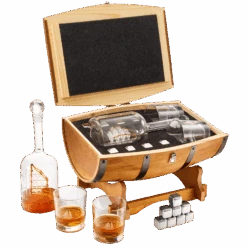 Large Display Whiskey & Wine Decanter With Antique Ship - Handcrafted Wood Barrel Storage - Wine Savant Decanters Gifts Set With 2 Glasses, & Drink Chiller Stones For Your Bar - 16" X 8" X 15"