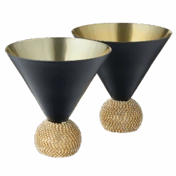 The Wine Savant Diamond Studded Martini Glasses Set Of 2 Black & Gold Rimmed Modern Cocktail Glass, Rhinestone With Stemless Crystal Ball Base, Bar Or Party 10.5oz, Swarovski Style Crystals