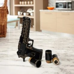 Hand Painted Pistol Whiskey & Wine Decanter By The Wine Savant - Black & Gold Whiskey Decanter & 3 Bullet Shot Glasses - Military Gifts, Veteran Gifts, Law Enforcement Gifts, Home Bar Gifts (18 OZ) -Refined Spirits Store BlackandGoldPistolwith3Cups2 1