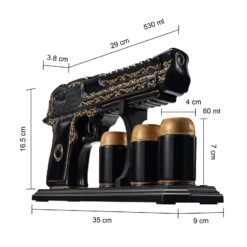 Hand Painted Pistol Whiskey & Wine Decanter By The Wine Savant - Black & Gold Whiskey Decanter & 3 Bullet Shot Glasses - Military Gifts, Veteran Gifts, Law Enforcement Gifts, Home Bar Gifts (18 OZ) -Refined Spirits Store BlackandGoldPistolwith3Cups3 1