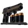 Hand Painted Pistol Whiskey & Wine Decanter By The Wine Savant - Black & Gold Whiskey Decanter & 3 Bullet Shot Glasses - Military Gifts, Veteran Gifts, Law Enforcement Gifts, Home Bar Gifts (18 OZ)