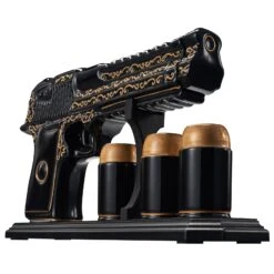 Hand Painted Pistol Whiskey & Wine Decanter By The Wine Savant - Black & Gold Whiskey Decanter & 3 Bullet Shot Glasses - Military Gifts, Veteran Gifts, Law Enforcement Gifts, Home Bar Gifts (18 OZ)