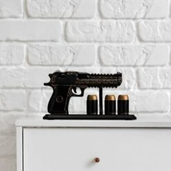 Hand Painted Pistol Whiskey & Wine Decanter By The Wine Savant - Black & Gold Whiskey Decanter & 3 Bullet Shot Glasses - Military Gifts, Veteran Gifts, Law Enforcement Gifts, Home Bar Gifts (18 OZ) -Refined Spirits Store BlackandGoldPistolwith3Cups5 1