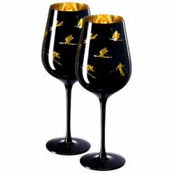 Crystal Stemmed Skiing, Apres Ski Skiier Wine Glasses Goblets - Set Of 2