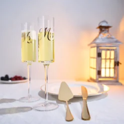 Wedding, Bridal Mr & Mrs Champagne Flutes Gift | Set Of 2 | Crystal Champagne Flutes For Him And Her, Valentine's Day, Housewarming Gifts, Engagement Shower Gift For Bride And Groom GIFT BOX (Gold) -Refined Spirits Store BridalMr MrsChampagneflute goldserver3 3
