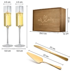 Wedding, Bridal Mr & Mrs Champagne Flutes Gift | Set Of 2 | Crystal Champagne Flutes For Him And Her, Valentine's Day, Housewarming Gifts, Engagement Shower Gift For Bride And Groom GIFT BOX (Gold) -Refined Spirits Store BridalMr MrsChampagneflute goldserver6 1