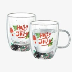 Christmas Glass Coffee Mug Set Of 2 Mugs - Holly Jolly Tree Double Wall Insulated Cups Holidays 10oz Glassware Handle Gifts, Confetti Snowflake Glassware Tea, Milk, Beverage, Juice, Water Holiday Gift