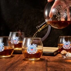 Coastguard Gift Whiskey & Wine Decanter Set & 4 Liquor Glasses - US Coast Guard 800 ML Whiskey Decanter & 11 OZ Glass Set With Wood Base - Gifts For Men - Bourbon And Scotch Decanter Military Gifts -Refined Spirits Store Coastguard Decanter2 1