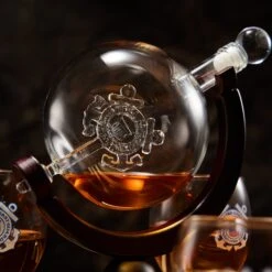 Coastguard Gift Whiskey & Wine Decanter Set & 4 Liquor Glasses - US Coast Guard 800 ML Whiskey Decanter & 11 OZ Glass Set With Wood Base - Gifts For Men - Bourbon And Scotch Decanter Military Gifts -Refined Spirits Store Coastguard Decanter3 1