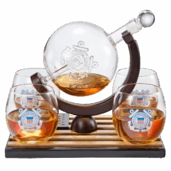 Coastguard Gift Whiskey & Wine Decanter Set & 4 Liquor Glasses - US Coast Guard 800 ML Whiskey Decanter & 11 OZ Glass Set With Wood Base - Gifts For Men - Bourbon And Scotch Decanter Military Gifts
