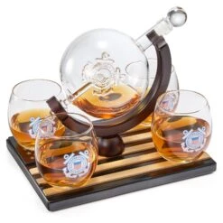 Coastguard Gift Whiskey & Wine Decanter Set & 4 Liquor Glasses - US Coast Guard 800 ML Whiskey Decanter & 11 OZ Glass Set With Wood Base - Gifts For Men - Bourbon And Scotch Decanter Military Gifts -Refined Spirits Store CoastguardDecanter 5 1