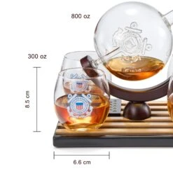 Coastguard Gift Whiskey & Wine Decanter Set & 4 Liquor Glasses - US Coast Guard 800 ML Whiskey Decanter & 11 OZ Glass Set With Wood Base - Gifts For Men - Bourbon And Scotch Decanter Military Gifts -Refined Spirits Store CoastguardDecanterdim 1
