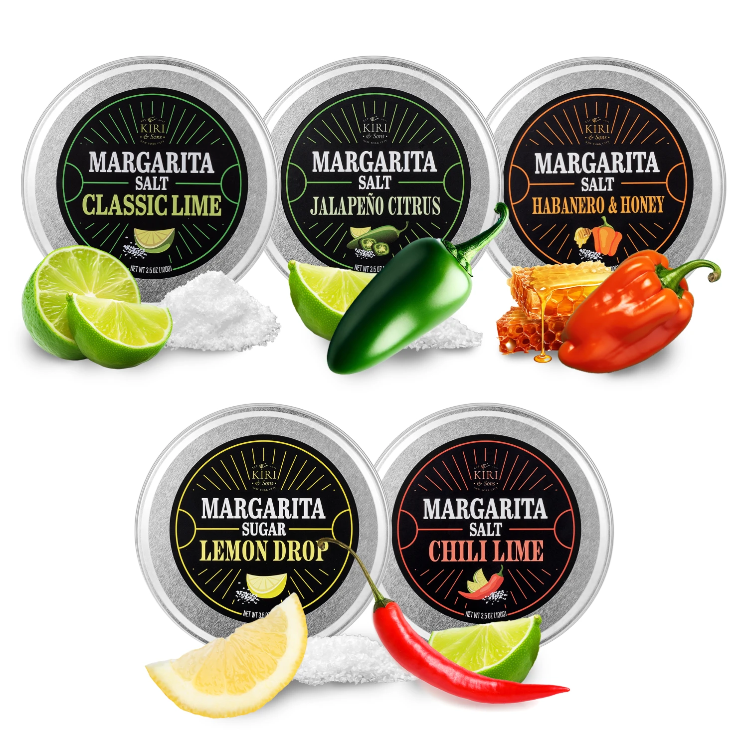 5-Pack Premium Margarita & Cocktail Flavored Salt Rimmer, Variety Set 3.5oz - Chili Lime, Lemon Drop Sugar, Lime, Habanero & Honey, Jalapeno Citrus - No Silicon Dioxide, Easy Screw-On Lid 1 5-Pack Premium Margarita & Cocktail Flavored Salt Rimmer, Variety Set 3.5oz - Chili Lime, Lemon Drop Sugar, Lime, Habanero & Honey, Jalapeno Citrus - No Silicon Dioxide, Easy Screw-On Lid
