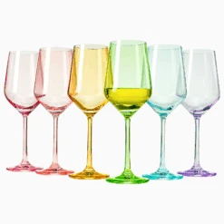Colored Crystal Wine Glass Set Of 6, Large Stemmed 12 Oz Glasses, Great For All Occasions & Special Celebrations Unique Italian Style Tall Drinkware For Red & White Wine, Water Dinner, Color Glassware