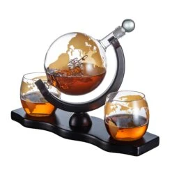 Gold Etched Whiskey Decanter Set Globe With 2 Gold Etched Globe Whisky Glasses - Perfect For A Birthday, Decanter Set For Whiskey, Scotch, Bourbon (27 Oz) (Gold)