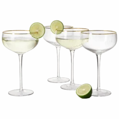 Gold Rim Glasses 7 Oz, Set Of 4 Gold Rim Classic Manhattan Glasses For Martini, Cocktails, Champagne, Wine - The Wine Savant (Ribbed)