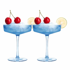 Ribbed Coupe Cocktail Glasses 8 Oz | Set Of 2 | Classic Manhattan Glasses For Cocktails, Champagne Coupe, Ripple Coupe Glasses, Art Deco Gatsby Vintage, Crystal With Stems (Blue, Set Of 2)