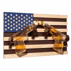 Pistol Whiskey Decanter Set Of 2 300ml On American Flag Wall Rack By The Wine Savant - Tik Tok Gun Decanter, Veteran Gifts, Military Gifts, Home Bar Gifts, Law Enforcement Gifts