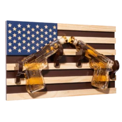 Pistol Whiskey Decanter Set Of 2 300ml On American Flag Wall Rack By The Wine Savant - Tik Tok Gun Decanter, Veteran Gifts, Military Gifts, Home Bar Gifts, Law Enforcement Gifts
