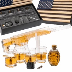 AR15 Whiskey Gun Decanter Flag Set - 1000ml Rifle & Pistol Set - Hanging Storage American Flag Gift Box & Bullet Glasses & Shot Glass, Great Gift For Army, Navy, Marines, Veterans & Gun Enthusiasts