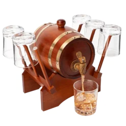 Barrel Decanter With 6 Whiskey Glasses By The Wine Savant - 1000 ML Mahogany Wood Old Fashioned Classic Whiskey Decanter Set, Gifts For Him, Father's Day, Gift Ideas