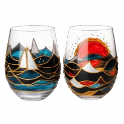 Artisanal Hand Painted Sunrise Glasses, Stemless Set Of 2 Wine, Water & Whiskey Glasses - The Wine Savant - Crystal Tumblers - Gift Idea For Her, Him, Birthday, Housewarming - Large Goblets (18.5 OZ)