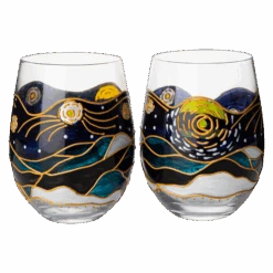 Vincent Van Gogh Wine Glasses Artisanal Hand Painted Stemless Set Of 2 - The Wine Savant - 2 Set Of Tumblers - Artistic Gift Idea For Her, Him, Birthday, Housewarming - Extra Large Goblets (18.5 OZ)