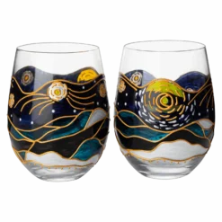 Vincent Van Gogh Wine Glasses Artisanal Hand Painted Stemless Set Of 2 - The Wine Savant - 2 Set Of Tumblers - Artistic Gift Idea For Her, Him, Birthday, Housewarming - Extra Large Goblets (18.5 OZ)