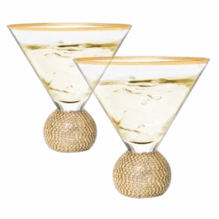 Diamond Studded Martini Glasses Set Of 2 - The Wine Savant - Gold Rimmed Modern Cocktail Glass, Rhinestone Diamonds With Stemless Crystal Ball Base, Bar Or Party 10.5oz, Swarovski Style Crystals