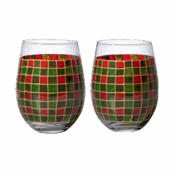 The Wine Savant Crystal New Years Artisanal Hand Painted Stemless Glasses Set Of 2 - Rennesance Romantic Stain-glassed Windows - Festive Holiday Perfect For Holidays Parties, Gifts For Him & Her