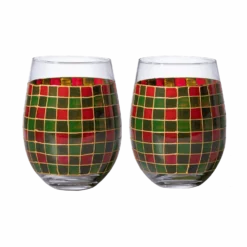 The Wine Savant Crystal New Years Artisanal Hand Painted Stemless Glasses Set Of 2 - Rennesance Romantic Stain-glassed Windows - Festive Holiday Perfect For Holidays Parties, Gifts For Him & Her