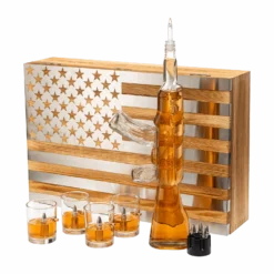 Whiskey Decanter Flag Set - 1000ml AK47 Rifle Gun, Glasses & Chillers Set In Box - Hanging Storage American Flag Gift Box With Silver Metal Flag, Great Gift Army, Navy, Marines, Veterans
