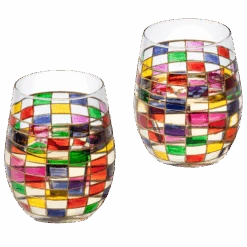 Renaissance Stained Wine Glasses Set Of 2 By The Wine Savant - Festive Colorful Coffee Cups, Stained Window, Multicolored, Home Bar Gift, Colored Drinkware, Rainbow Glassware (Stemless)