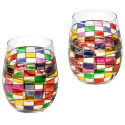 Renaissance Stained Wine Glasses Set Of 2 By The Wine Savant - Festive Colorful Coffee Cups, Stained Window, Multicolored, Home Bar Gift, Colored Drinkware, Rainbow Glassware (Stemless)