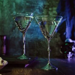 The Wine Savant Stemmed Skeleton Martini Glasses Set Of 2 Skeleton Hand Glasses 9" H, Goth Gifts, Skeleton Gifts Decor, Spooky Cocktails, Water Or Martini Gift Set, Wine Skeletons Glasses -Refined Spirits Store DYQ03566