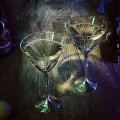 The Wine Savant Stemmed Skeleton Martini Glasses Set Of 2 Skeleton Hand Glasses 9" H, Goth Gifts, Skeleton Gifts Decor, Spooky Cocktails, Water Or Martini Gift Set, Wine Skeletons Glasses -Refined Spirits Store DYQ03572