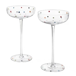 Polka Dot Champagne Coupe Glasses Set Of 2 8.8 Oz By The Wine Savant - Polka Dot Rainbow Colored Glasses, Cocktail Glassware, Polka Dot Gifts Damien Hirst, Gift Idea For Everyday, Weddings, Parties
