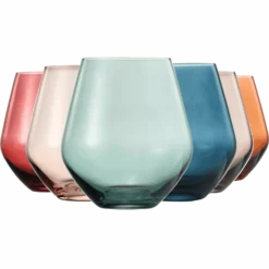 Colored Stemless Crystal Wine Glass Set Of 6, Gift For Her, Him, Wife, Friend - Large 16 Oz Glasses, Unique Italian Style Tall Drinkware - Red & White, Dinner, Color Beautiful Glassware - (Pastel)