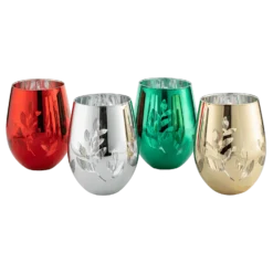 Multicolor 4-Piece Tree Stemless Wine & Water Glasses - Shining Red Green Yellow Silver, Housewarming Gift For Her, Him Party Décor, Colored Glass Trees Décor, Kitchen Home Decoration (Stemless)