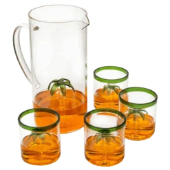 Palm Tree Pitcher & 4 Glasses Set Decanter With 4 Glasses 9oz By The Wine Savant - Elegant Glass Set, Great For Water Iced Tea, Sangria, Lemonade, And More! 1300ml 9" H